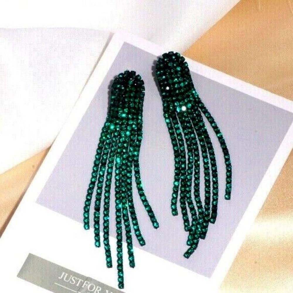 Green Earrings Crystal Silver Chandelier Tassel Dangle Prom Dress Earrings